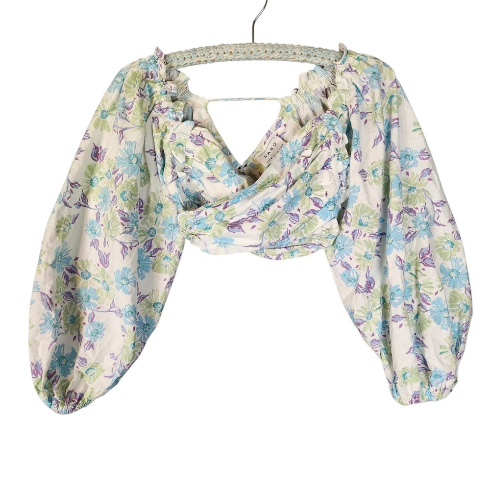 Sabo Skirt Floral Crop Top Size 6 Blue Green Balloon Sleeve Lace Up Back Boho